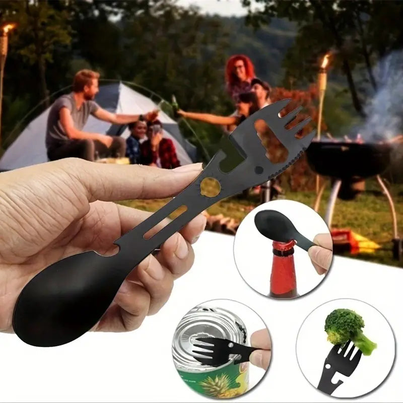 Couverts multifonctions de camping 6 en 1 – Cuillère, fourchette, ouvre-boîte et décapsuleur portable