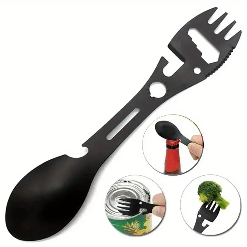 Couverts multifonctions de camping 6 en 1 – Cuillère, fourchette, ouvre-boîte et décapsuleur portable