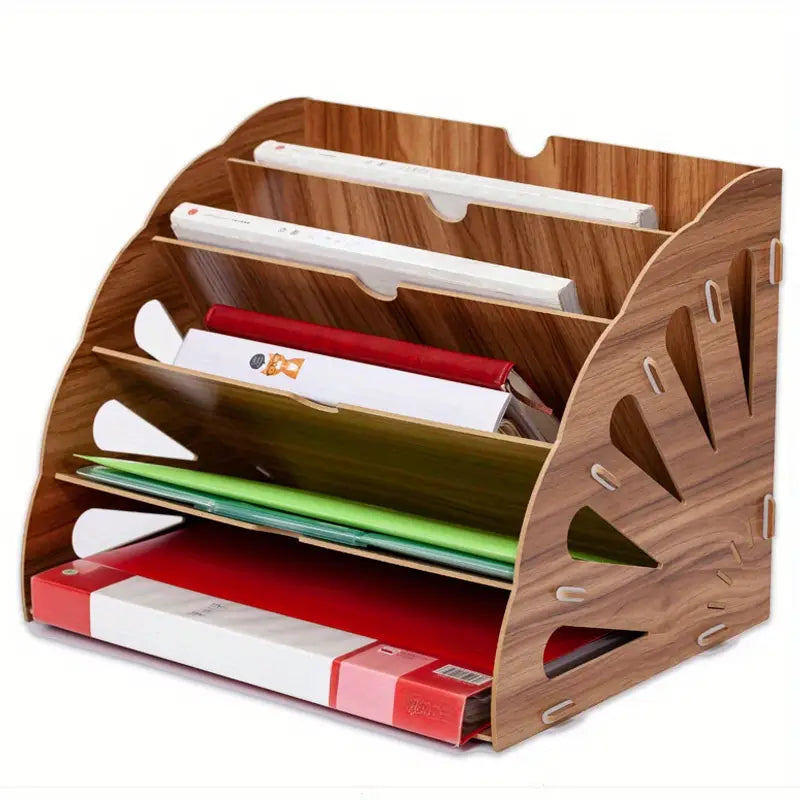 Organisateur de documents en bois 5 niveaux – Rangement de bureau design pour dossiers, papiers et fournitures A4