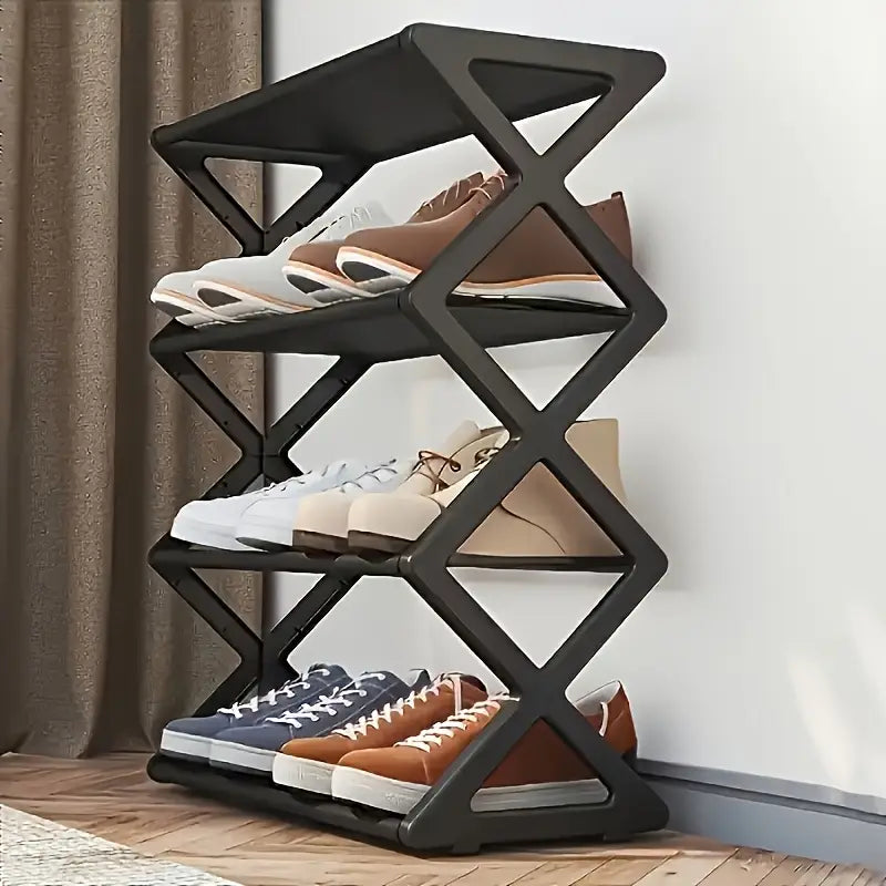 Étagère à chaussures design 4 niveaux en plastique noir – Rangement moderne et compact pour entrée, bureau ou dressing