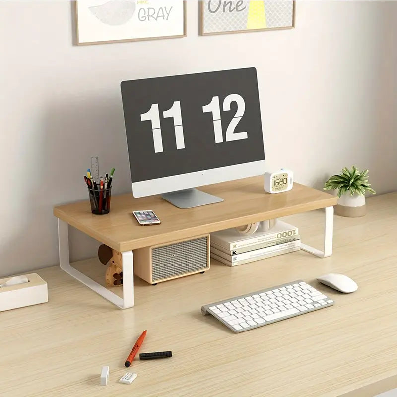 Support écran de bureau en bois avec structure métal – Rehausseur moniteur 50 cm avec rangement intégré pour une meilleure posture