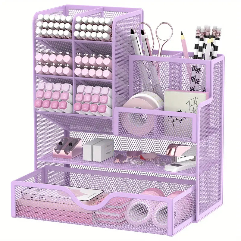 Organisateur de bureau en métal doré à plusieurs compartiments – Rangement élégant pour stylos, fournitures et accessoires