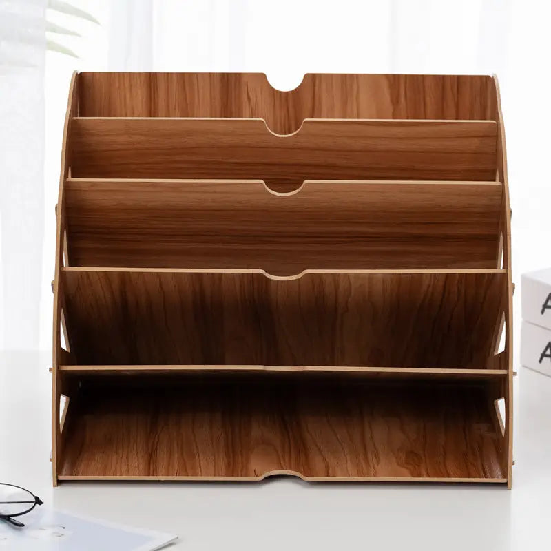 Organisateur de documents en bois 5 niveaux – Rangement de bureau design pour dossiers, papiers et fournitures A4