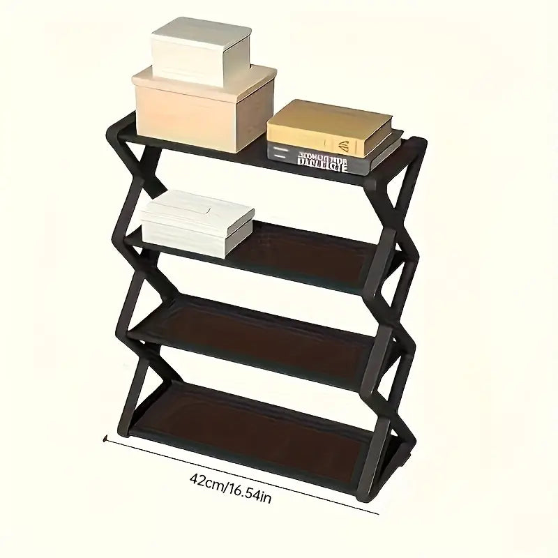 Étagère à chaussures design 4 niveaux en plastique noir – Rangement moderne et compact pour entrée, bureau ou dressing
