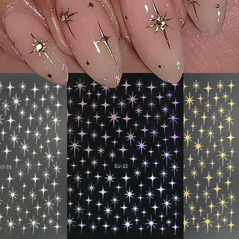 Stickers Nail Art Étoiles Brillantes – Décorations Autocollantes Holographiques pour Ongles Chic