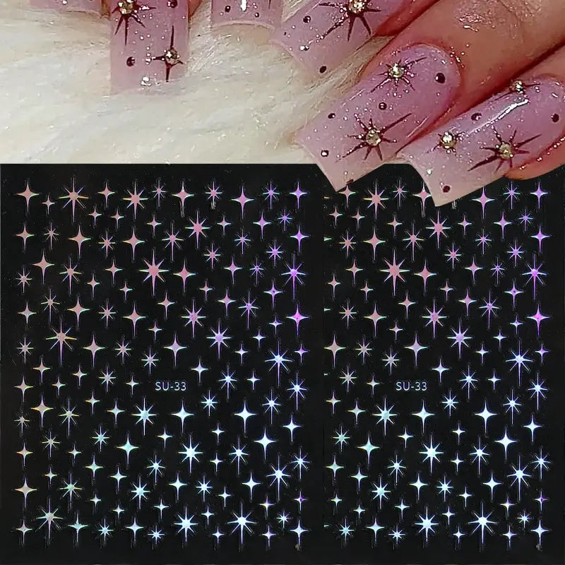 Stickers Nail Art Étoiles Brillantes – Décorations Autocollantes Holographiques pour Ongles Chic
