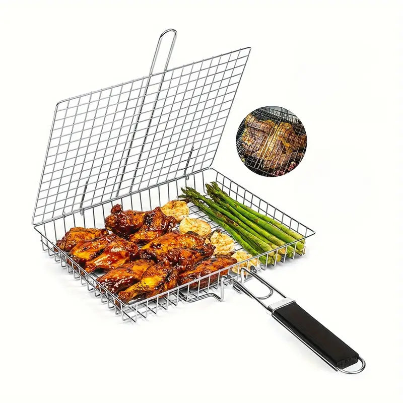 Grille barbecue pliable avec manche – Panier de cuisson en acier inoxydable pour viande, poisson et légumes