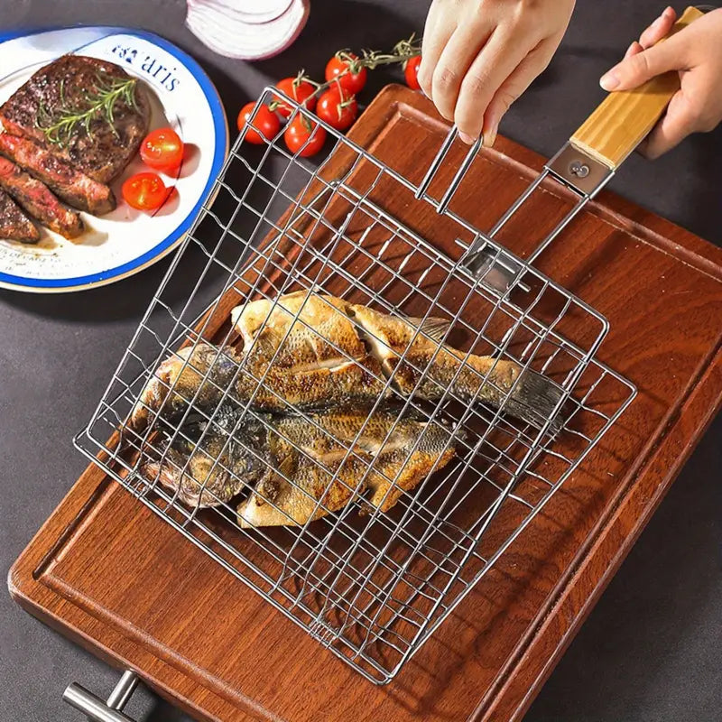 Grille barbecue pliable avec manche – Panier de cuisson en acier inoxydable pour viande, poisson et légumes