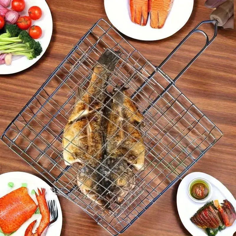 Grille barbecue pliable avec manche – Panier de cuisson en acier inoxydable pour viande, poisson et légumes