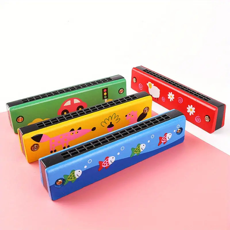 Harmonica Coloré pour Enfants – Instrument de Musique Éducatif en Bois avec Motifs Ludiques