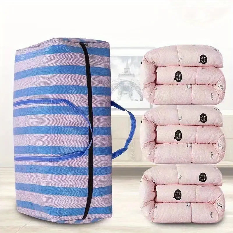 Sac de Rangement XXL 120L à Rayures – Grand Sac de Stockage Résistant pour Vêtements, Couvertures et Déménagement