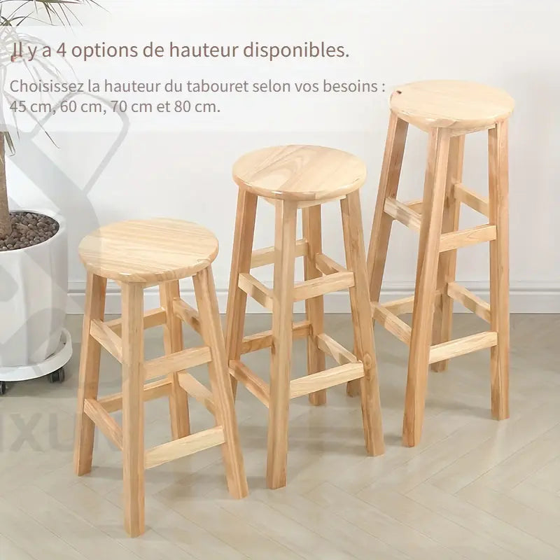Tabouret Haut en Bois Massif – Chaise de Bar Ronde Disponible en 3 Hauteurs