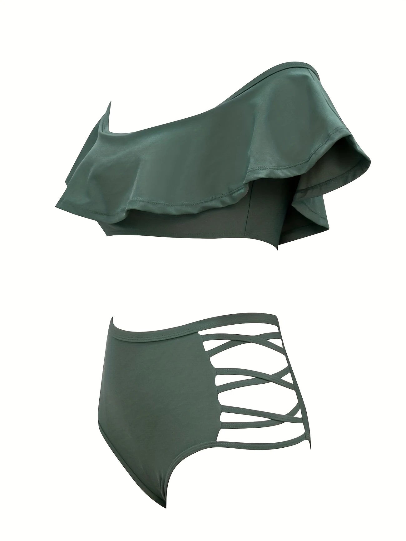 Ensemble Maillot de Bain Femme à Volants – Haut Épaules Dénudées & Culotte Taille Haute à Lanières