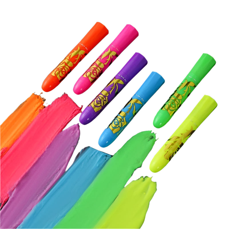 Crayons de Maquillage Fluorescents pour le Visage et le Corps – 6 Couleurs Vives Lavables