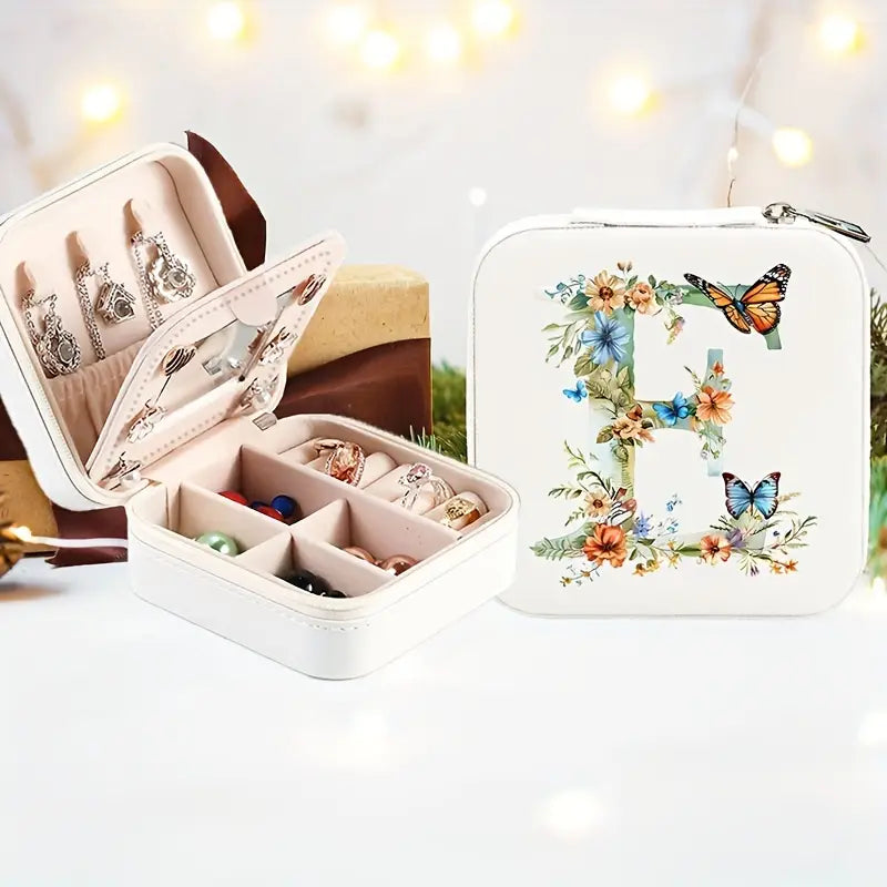 Boîte à bijoux de voyage personnalisée avec initiale florale – Étui compact pour bagues, colliers et boucles d’oreilles