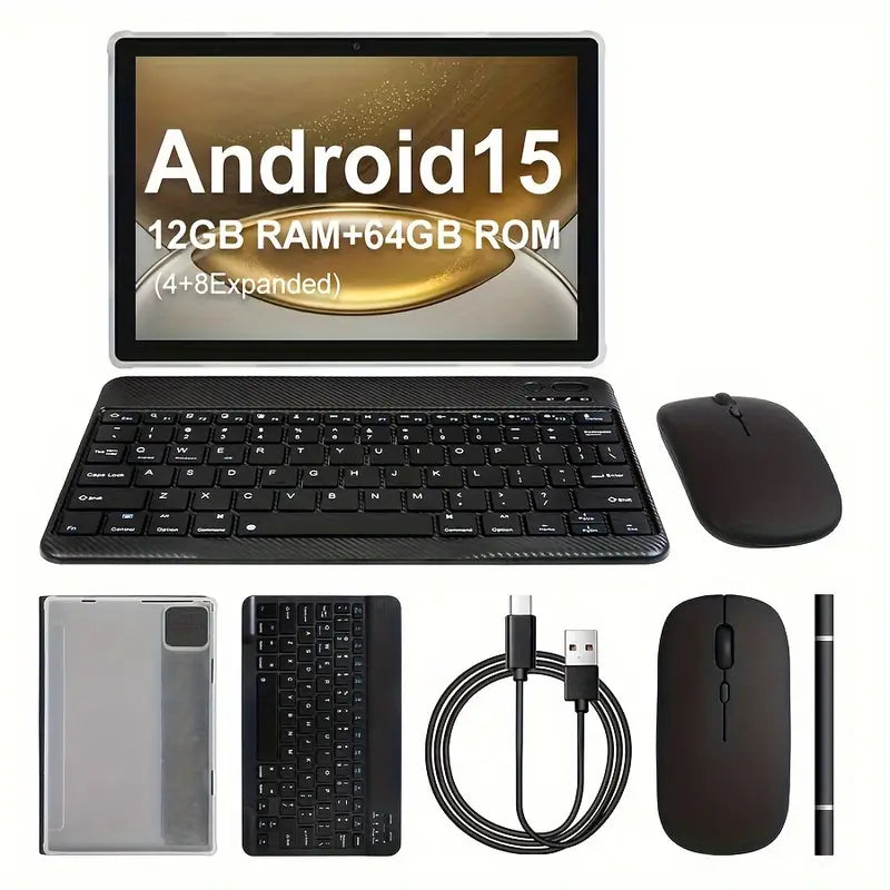 Pack Clavier Sans Fil + Souris Bluetooth avec Étui – Compatible Tablette Android 15, 12Go RAM