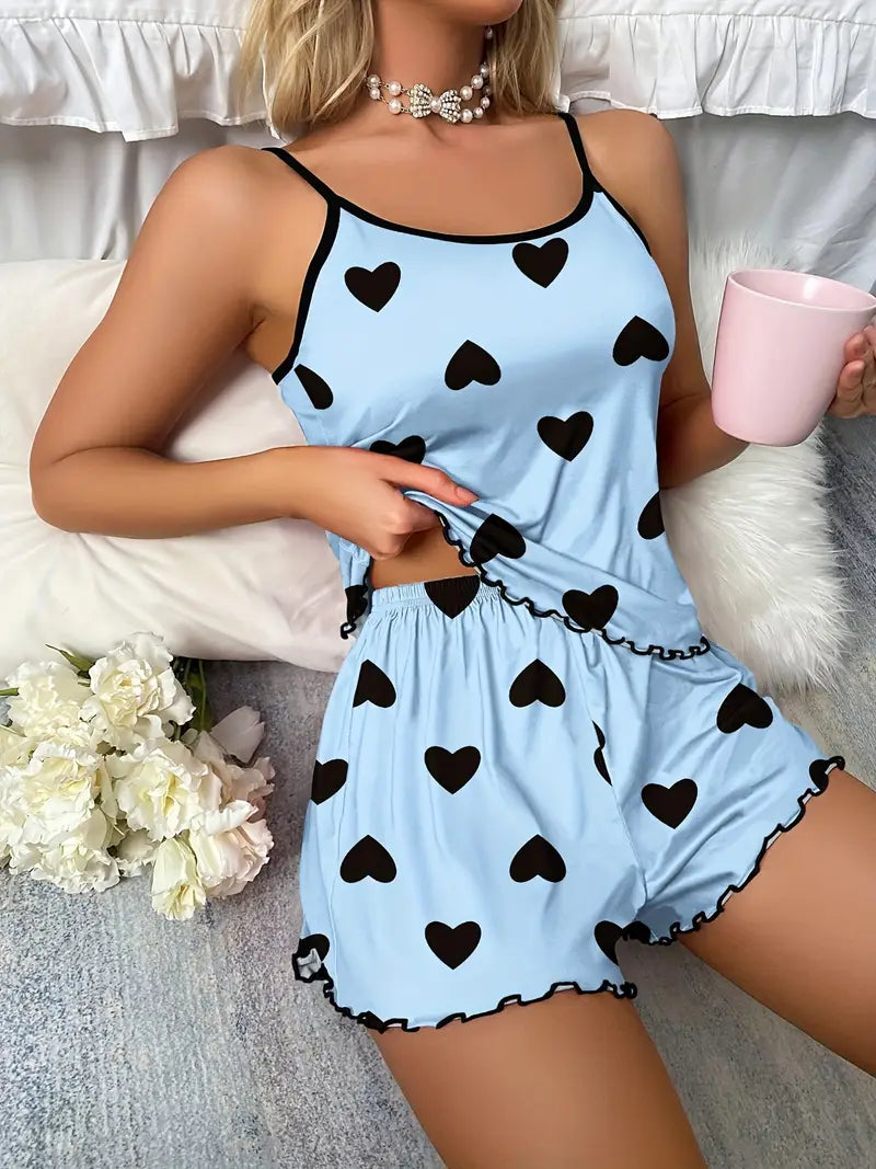 Pyjama Femme Été Débardeur & Short – Ensemble Léger Imprimé Cœurs, Lingerie de Nuit Douce & Féminine
