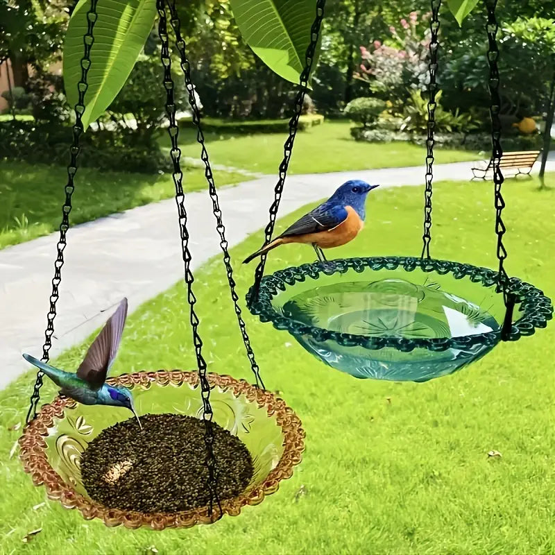 Mangeoire et Bain Suspendus pour Oiseaux – Duo de Coupelles Vintage en Verre pour Jardin ou Balcon