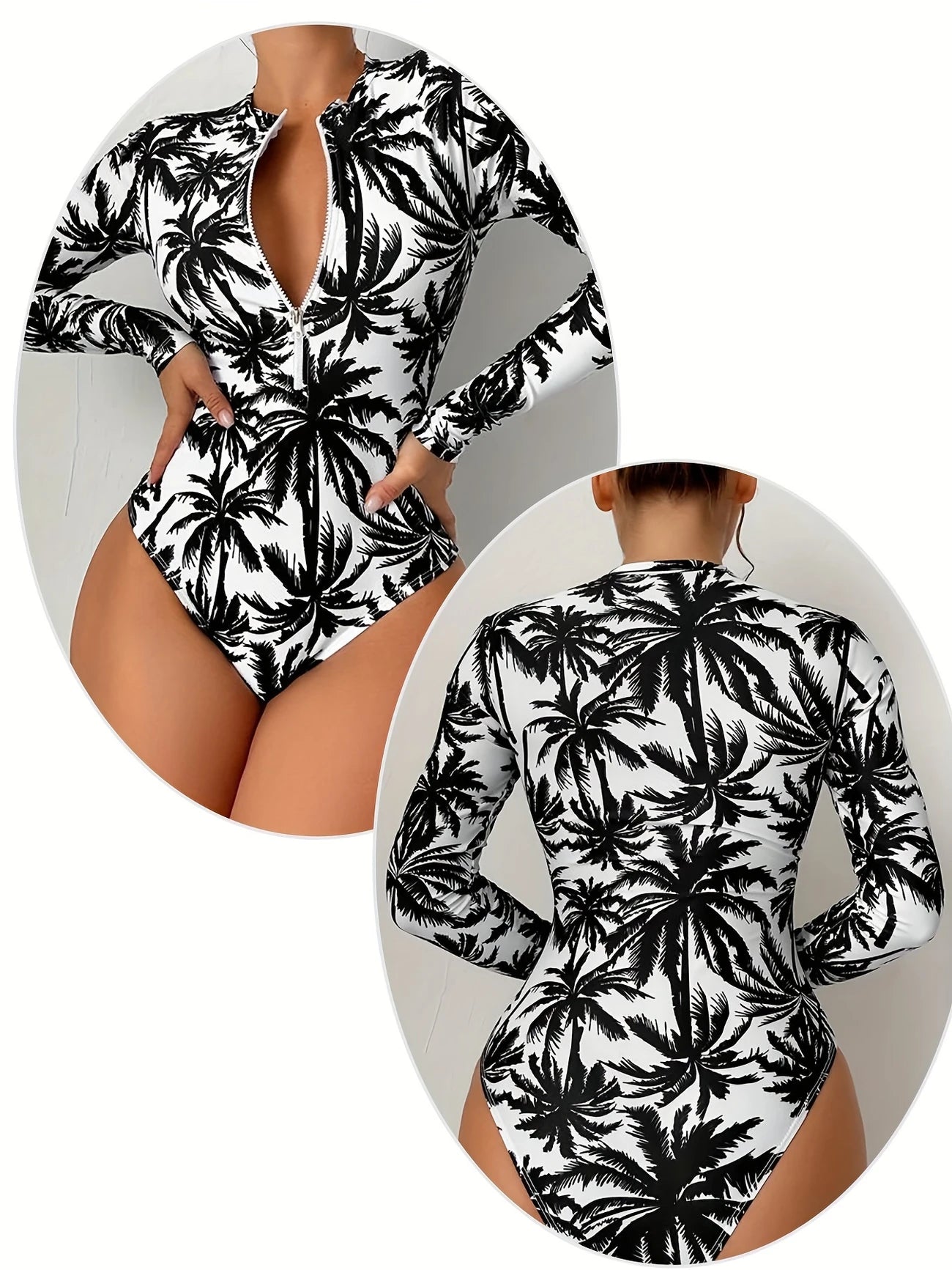 Maillot de Bain Rashguard Femme Longsleeve – Imprimé Palmiers Noirs et Blancs, Fermeture Éclair Frontale