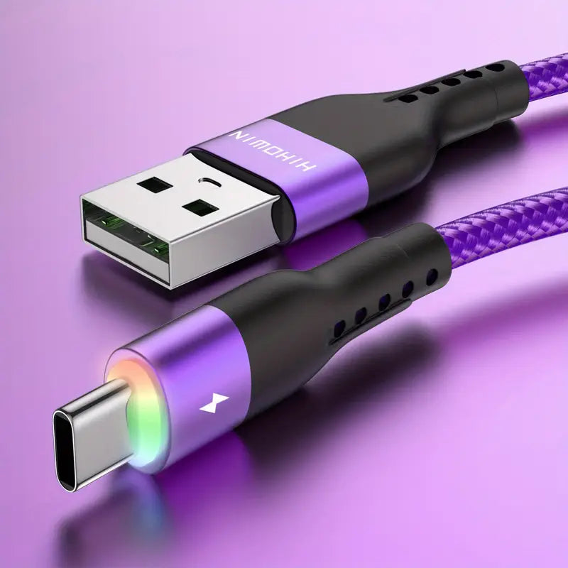 Câble USB-C Tressé Violet avec LED – Charge Rapide 3A – Résistant et Stylé pour Android & Appareils USB-C
