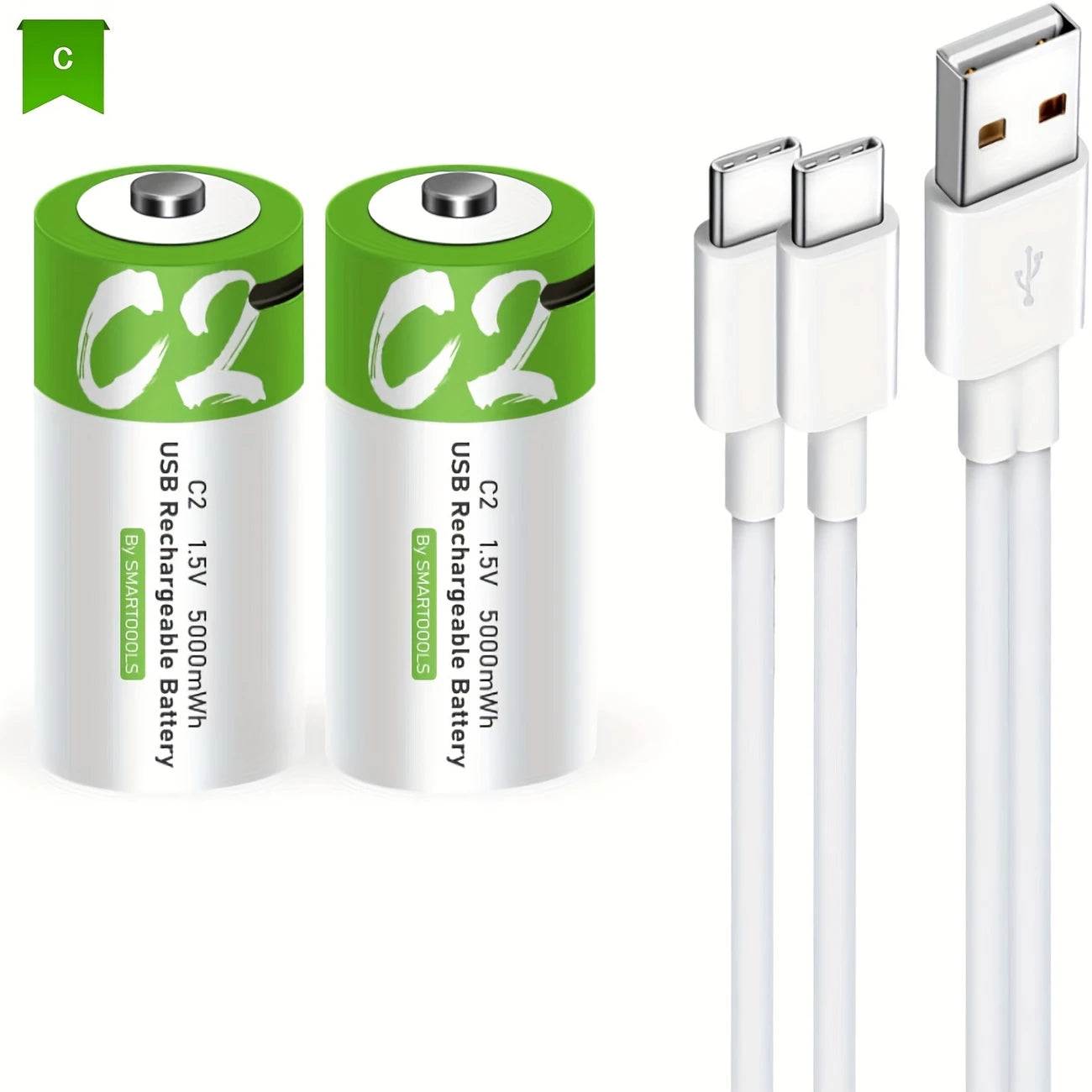 Batteries Rechargeables USB 1.5V 5000mAh (Lot de 1/2) avec Câble USB-C – Solution Écologique et Pratique