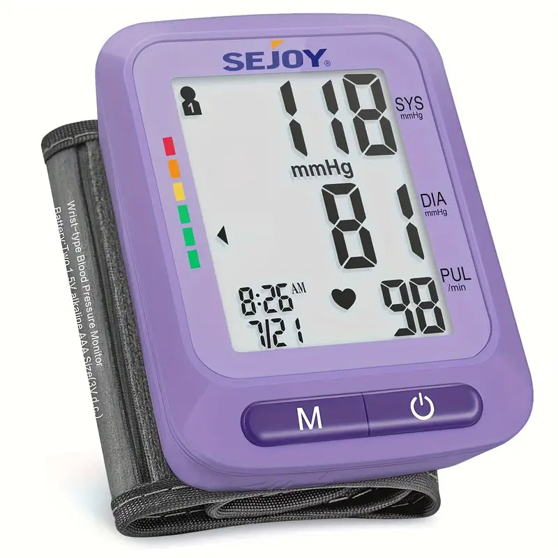 Tensiomètre Électronique Poignet SEJOY – Écran Large Haute Lisibilité | Design Violet, Mesure Précise Tension & Pouls | Indicateur OMS, Mémoire Intégrée – Facile à Utiliser