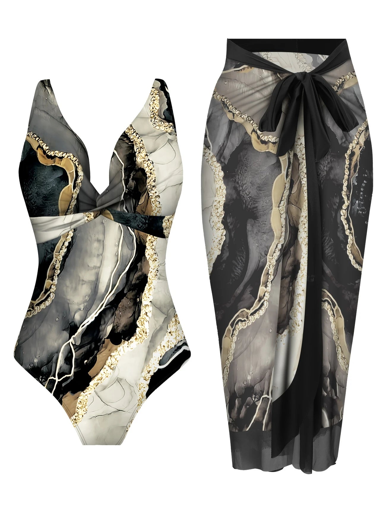 Ensemble de Plage Femme – Maillot de Bain Élégant avec Jupe Pareo Imprimé Marbre Noir, Blanc et Or
