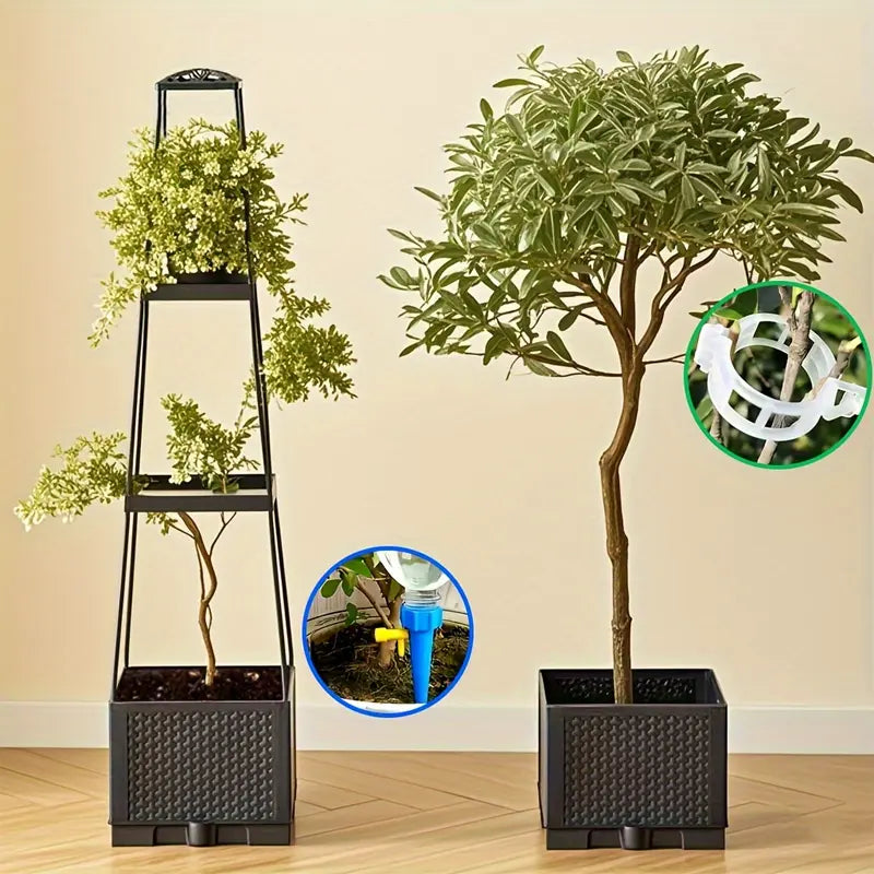 Kit Complet de Soutien et Arrosage pour Plantes – Pot Carré, Tuteur, Goutteur Automatique & Clips Inclus