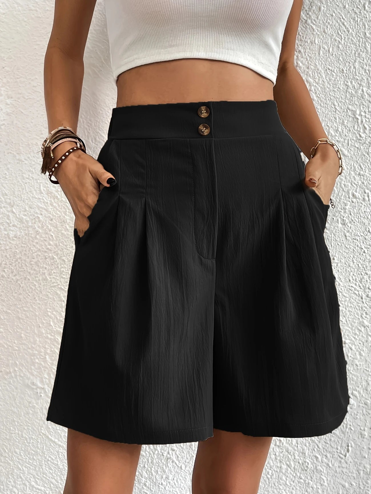 Short de Plage Femme Taille Haute – Coupe Fluide Élégante avec Boutons & Poches