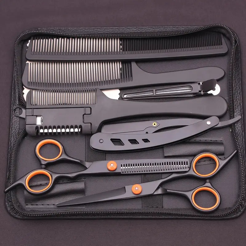 Kit de Coiffure Professionnel 10 Pièces – Ciseaux de Coupe, Rasoir, Peignes et Étui de Rangement
