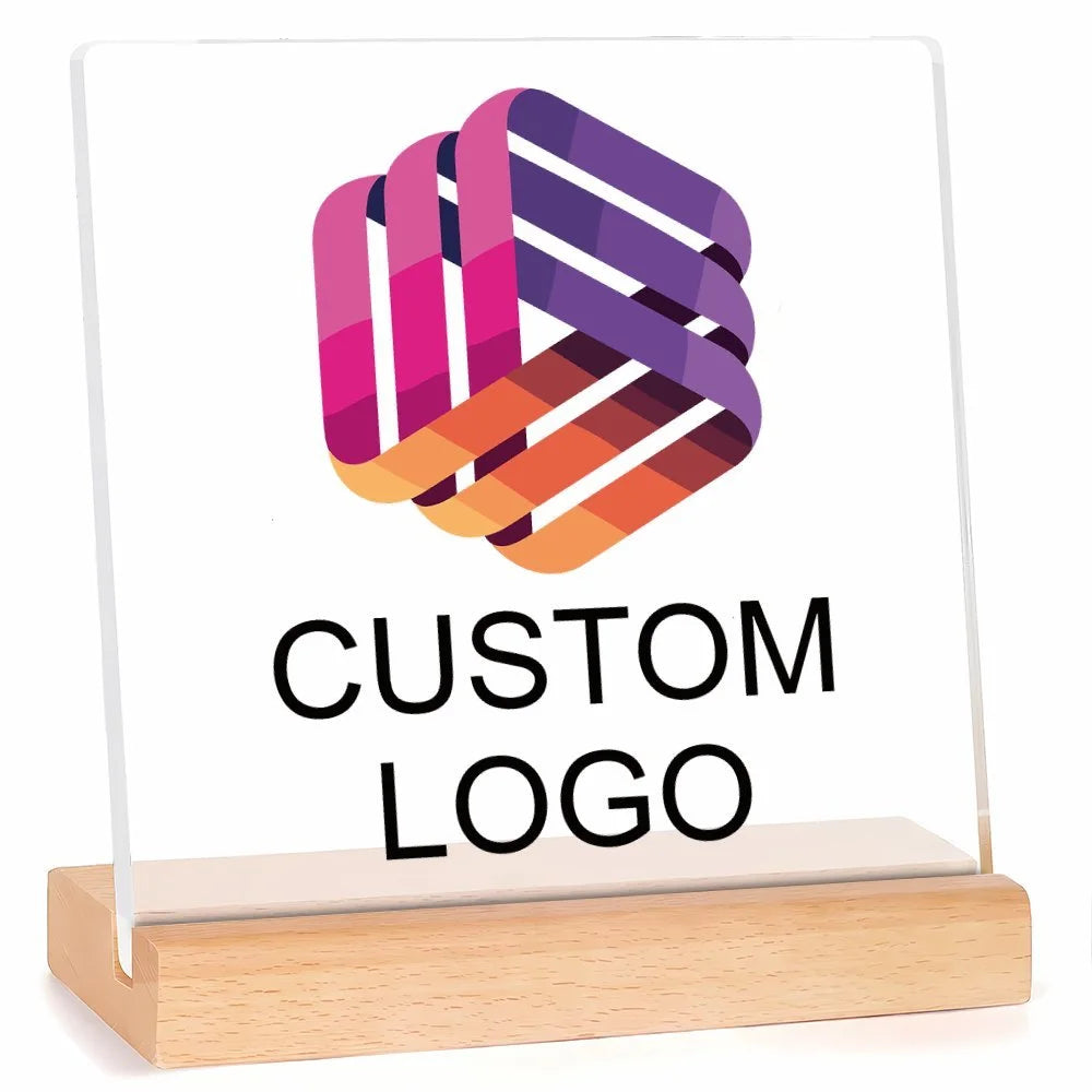 Plaque acrylique personnalisée avec logo – Support en bois élégant pour bureau, enseigne ou cadeau pro