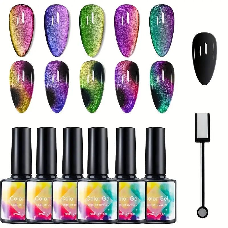 Ensemble 6 Vernis Gel Cat Eye Magnétique – Effet Œil de Chat 9D Holographique UV/LED, 8ml + Aimant Inclus