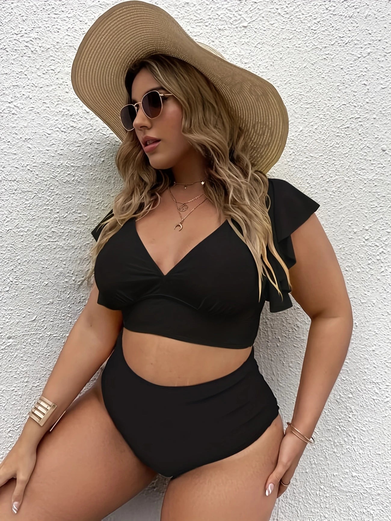 Maillot de Bain Femme Noir Deux Pièces – Haut à Volants & Culotte Taille Haute Gainante