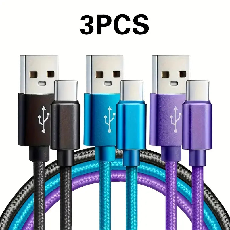 Lot de 3 Câbles USB vers USB-C Tressés – Charge Rapide & Synchronisation – 1m – Compatibles Android, Samsung, Huawei, Xiaomi