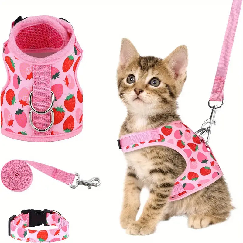 Ensemble Harnais et Laisse pour Chaton – Motif Fraise Rose, Réglable et Confortable pour Promenade Sécurisée