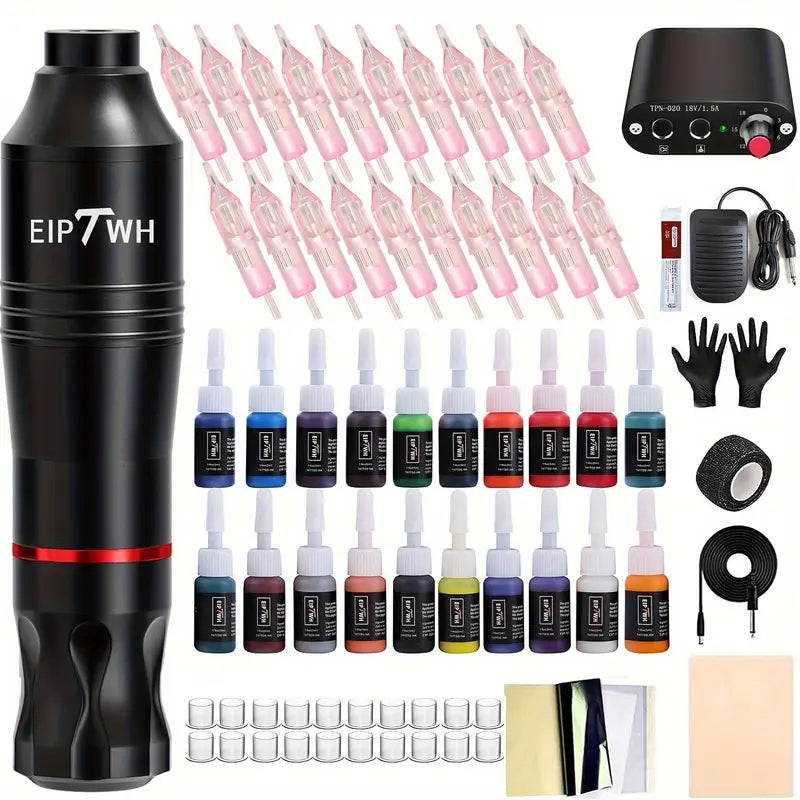 Kit Complet Machine à Tatouer EIPTWH – Stylo Rotatif Pro avec 20 Encres, 20 Aiguilles, Alimentation, Pédale & Accessoires | Tattoo Pen Débutants & Artistes Confirmés