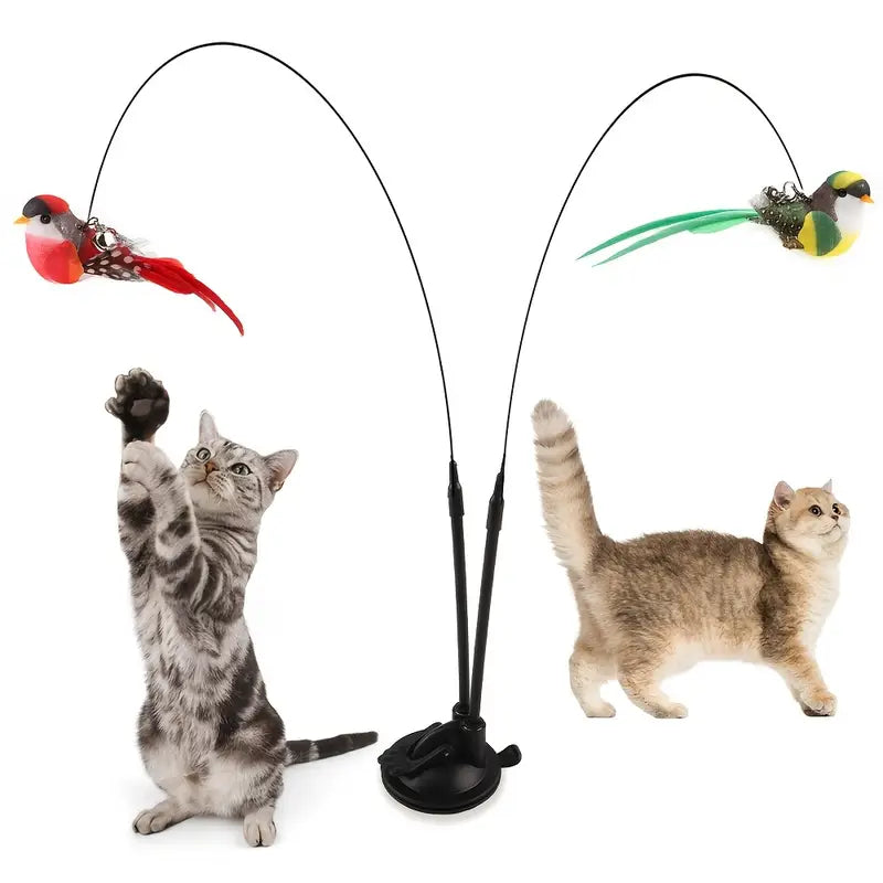 Jouet Interactif pour Chat avec Oiseaux à Plumes – Jeu à Ventouse Double Bras pour Stimuler et Amuser Votre Félin