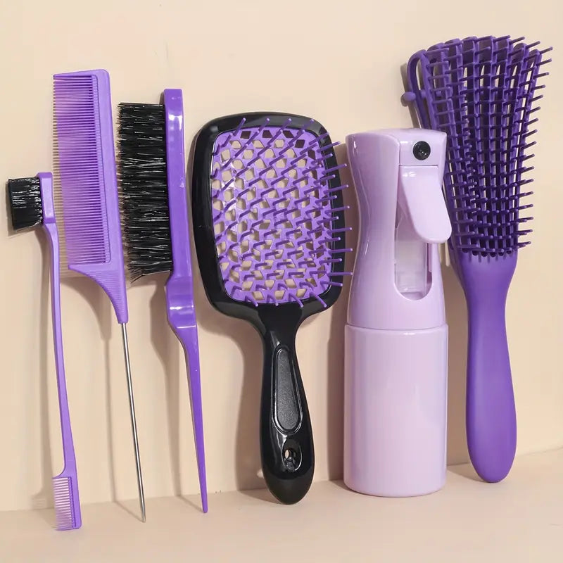 Kit Coiffure Professionnel 6-en-1 – Brosse, Peignes, Vaporisateur & Outils de Séparation