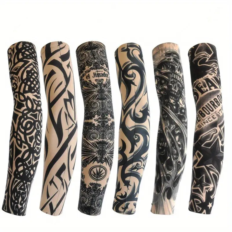 Manchons Tatouage Temporaires – Lot de 6 Manches Effet Tattoo Réaliste | Élastiques, Respirants & Réutilisables – Style Tribal, Crâne, Motifs Noirs
