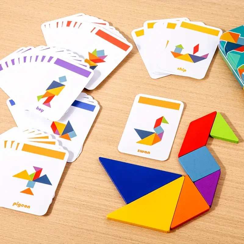 Jeu de Tangram en Bois avec Cartes Défi – Puzzle Éducatif Géométrique pour Enfants et Adultes