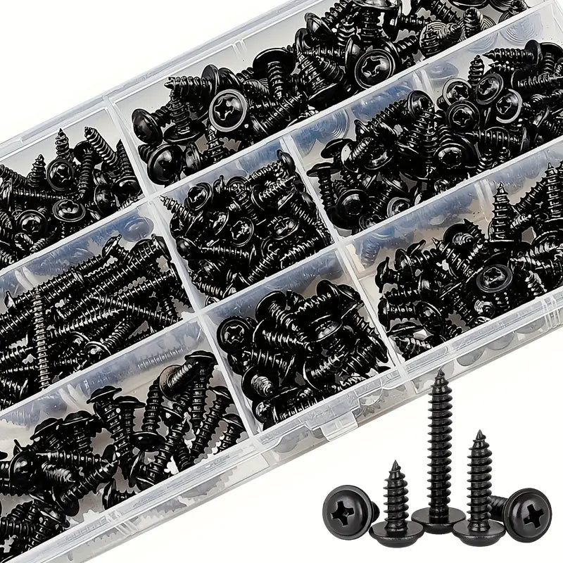 Lot de Vis Noires Auto-Perceuses avec Rondelle – Assortiment Multi-Tailles pour Bois, Métal et Bricolage