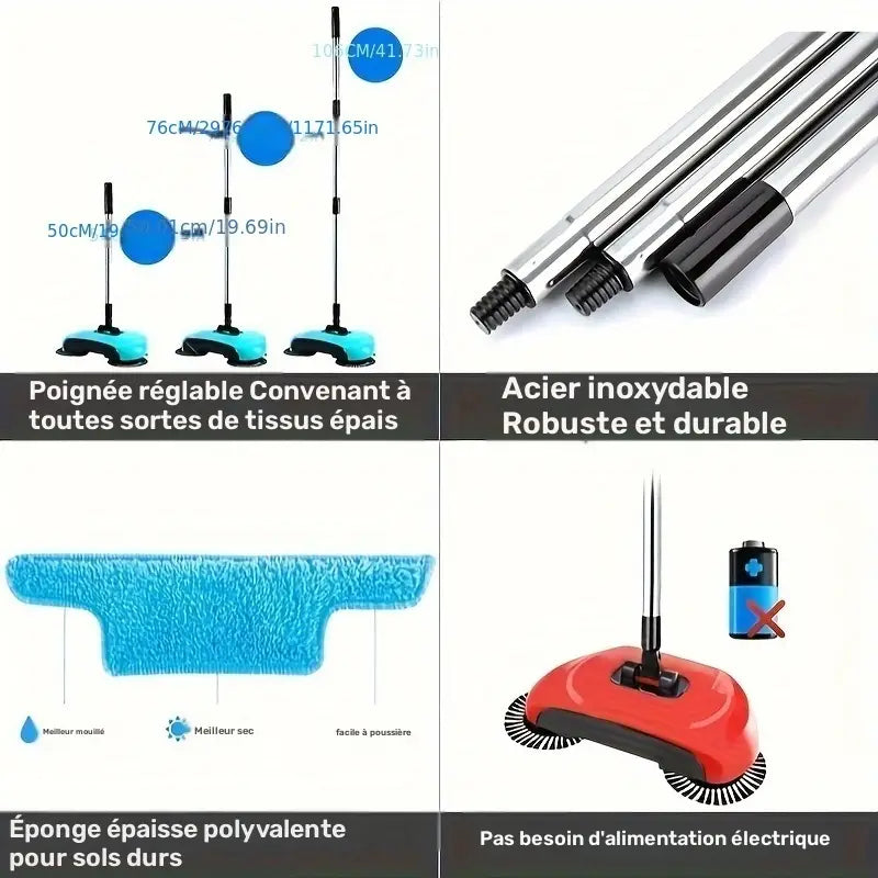 Balai Mécanique Rotatif 360° Sans Électricité – Ramasse-Poussière et Débris avec Brosse Intégrée