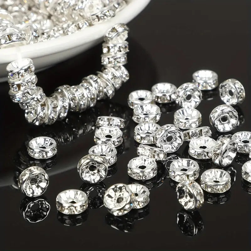 100 Perles Rondelles Strass Argentées – Intercalaires Brillants pour Création de Bijoux DIY