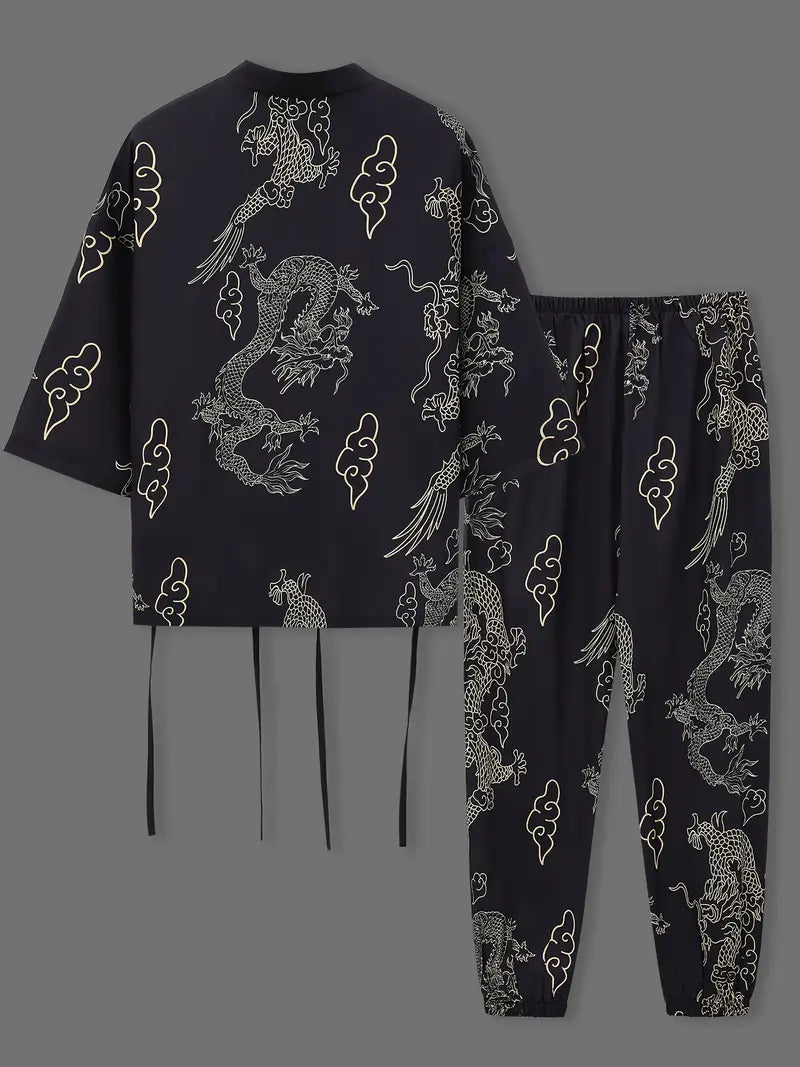 Tenue fantaisie homme kimono – Ensemble traditionnel asiatique avec motifs dragon dorés
