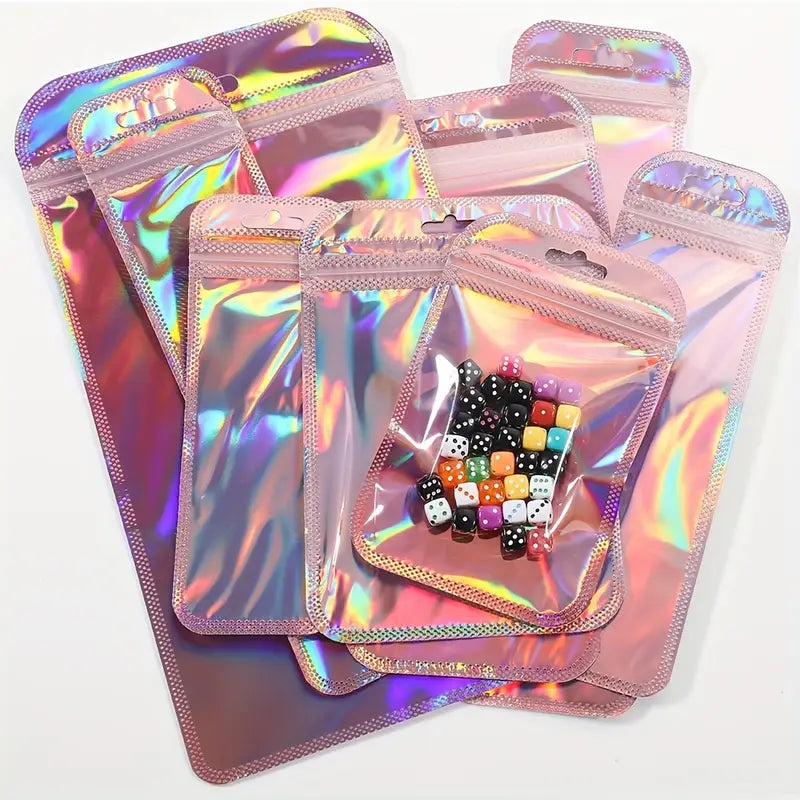 Sachets holographiques zip rose – Pochettes plastique refermables brillantes pour emballage cadeau, bijoux, bonbons ou artisanat