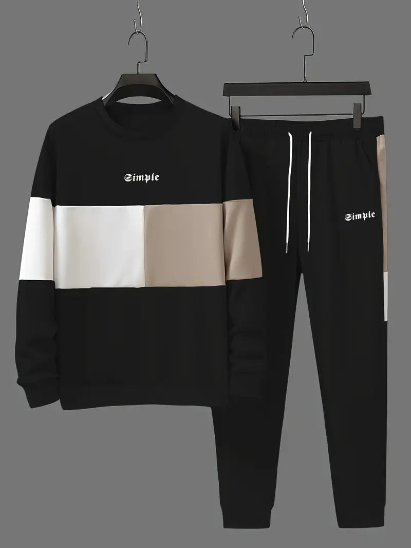 Ensemble de sport homme – Sweat et pantalon jogging – Design color block bleu, beige et blanc