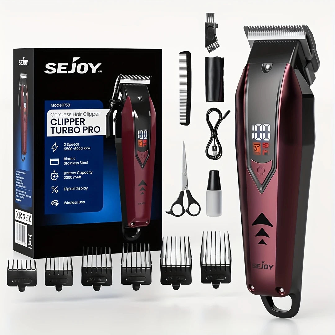 Tondeuse Professionnelle Sejoy Turbo Pro – Sans Fil, Écran LED, 2 Vitesses, Sabots Réglables & Accessoires Complets