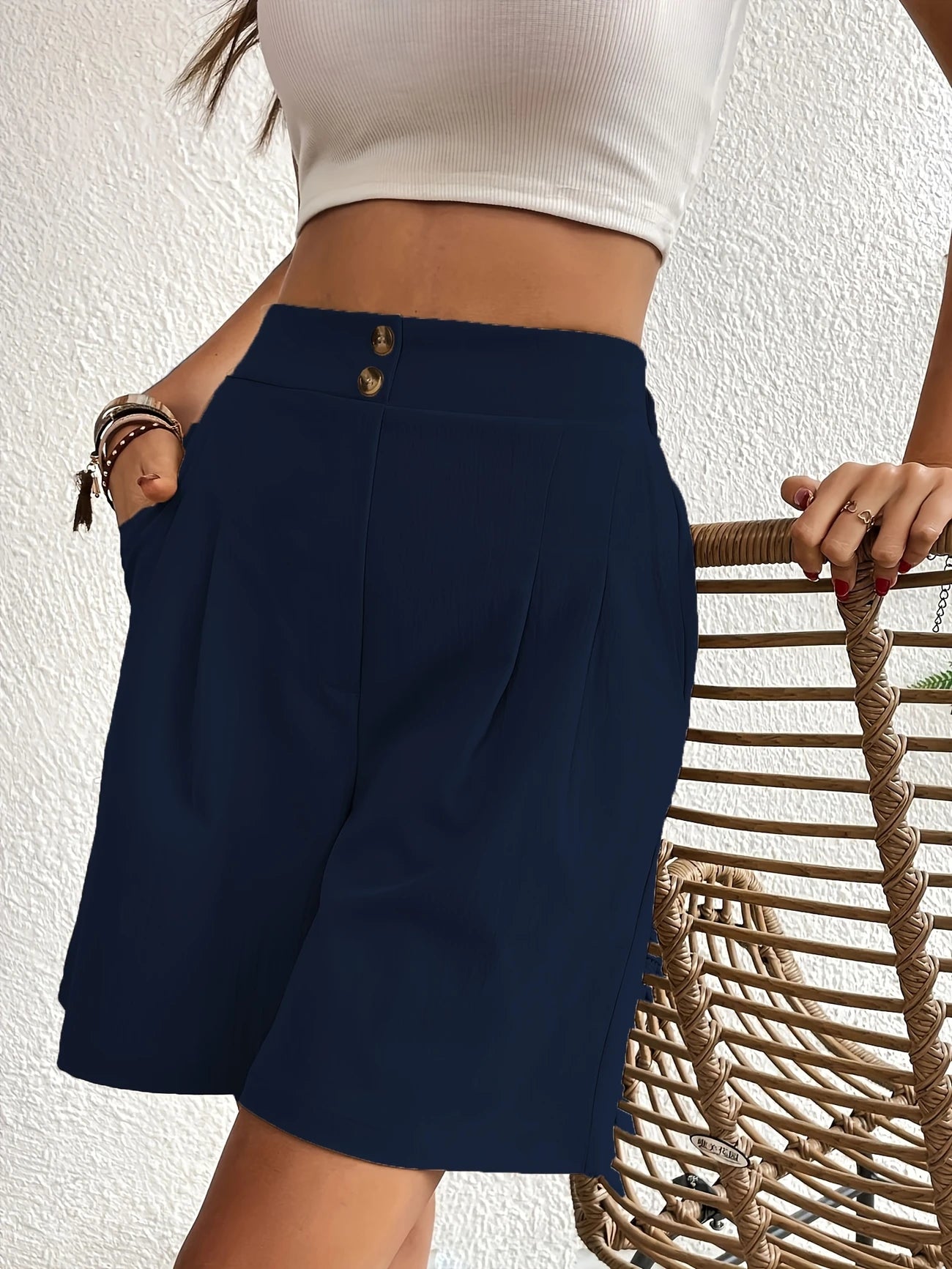 Short de Plage Femme Taille Haute – Coupe Fluide Élégante avec Boutons & Poches