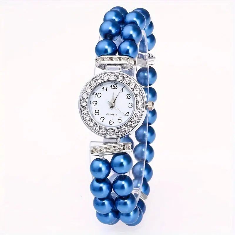 Montre femme élégante à bracelet perles rouges – Quartz avec strass brillants