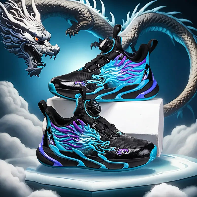 Chaussures de sport fille – Baskets noires dragon flamme bleu-violet tendance et respirantes